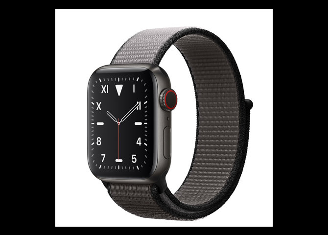 خرید اینترنتی ساعت هوشمند اپل مدل Apple Watch Series 5 تیتانیوم با بدنه خاکستری و حلقه ای اسپورت لوپ مشکی سلولار
